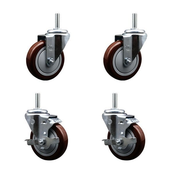 4 Inch Maroon Polyurethane Wheel Swivel 34 Inch Threaded Stem Caster Set 2 Brakes SCC, Service Caster, Mfr#: SCC-TS20S414-PPUB-MRN-34212-2-TLB-2